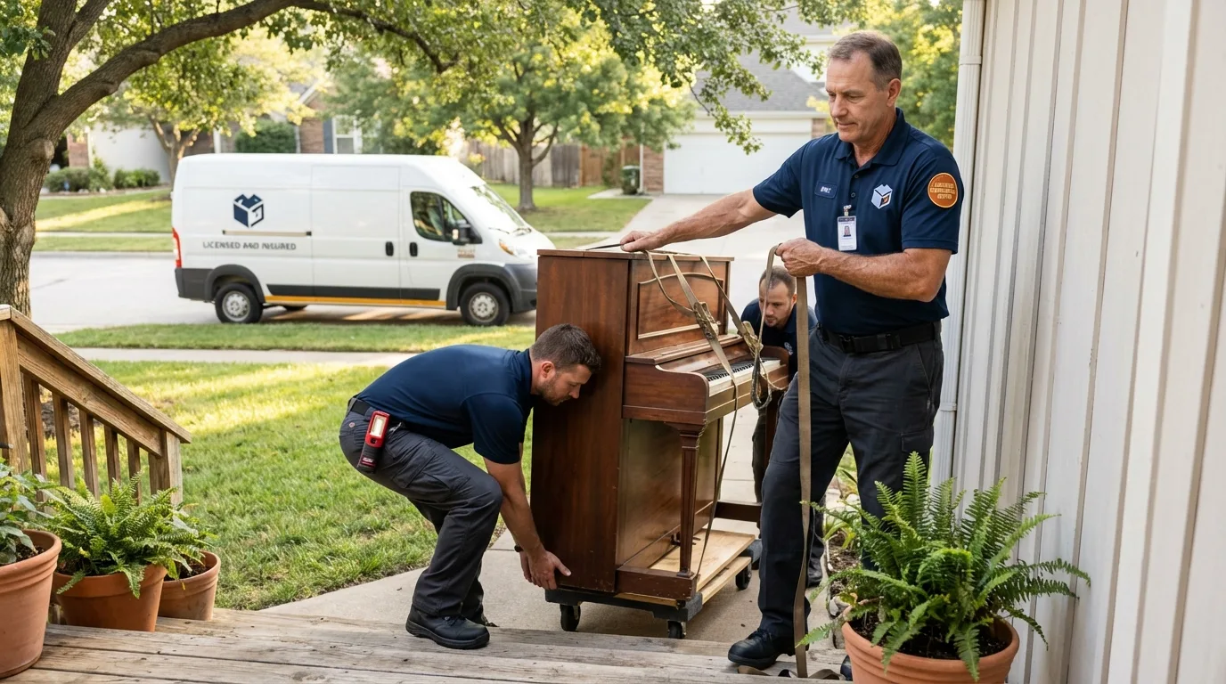Licensed piano movers securing grand piano in Grapevine, TX