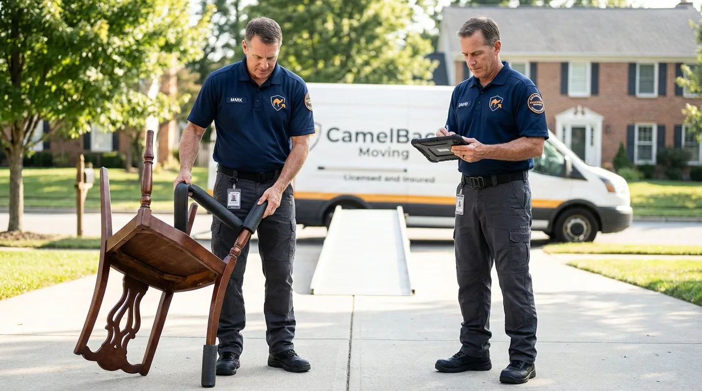 Movers inspecting furniture for damage prevention before loading in Grapevine, TX