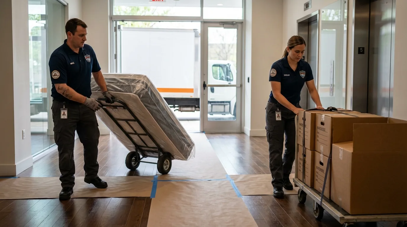 Professional apartment movers loading elevator in Grapevine, TX